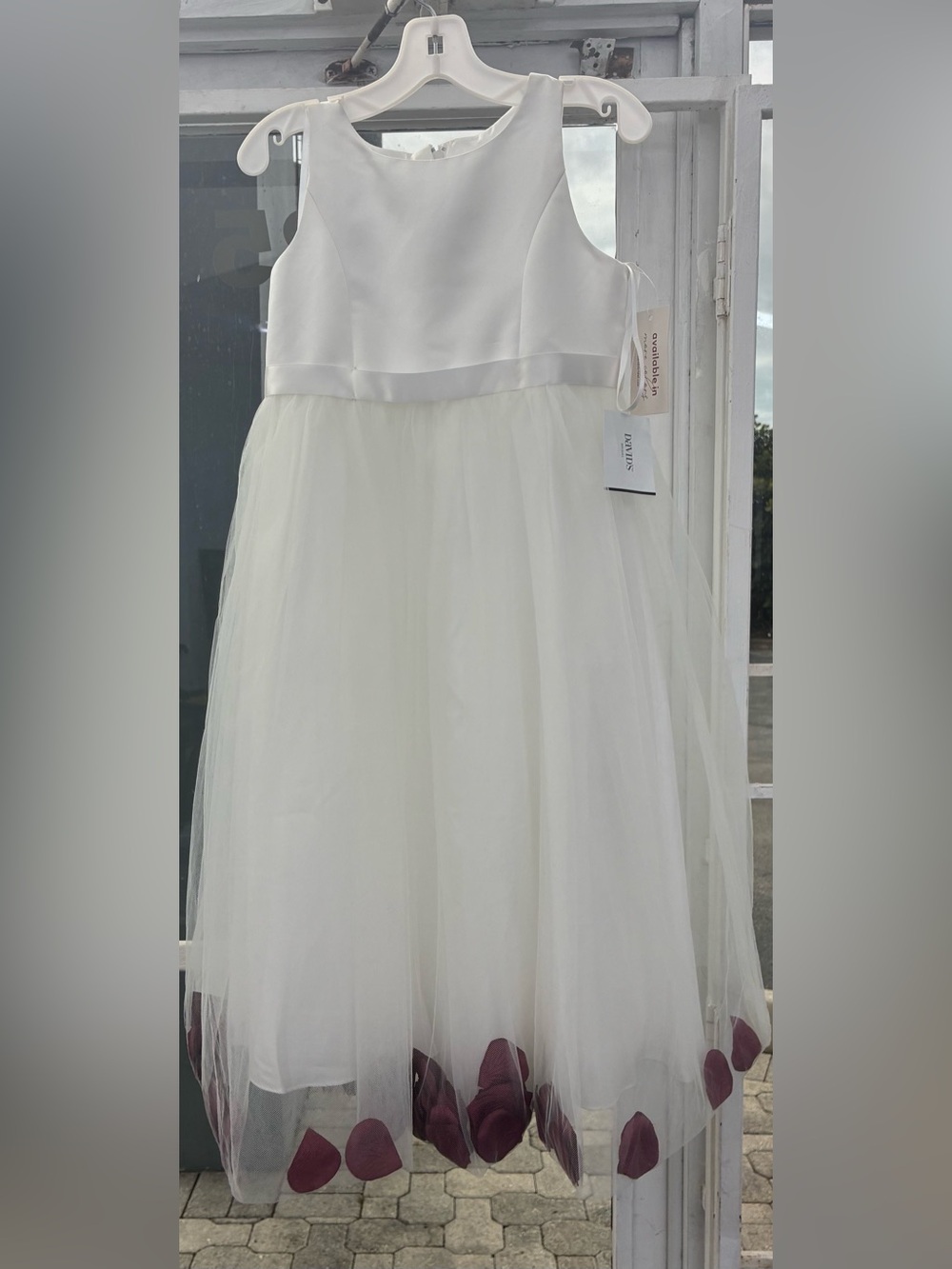 David's Bridal White Flower Girl Dress with Petal Accents